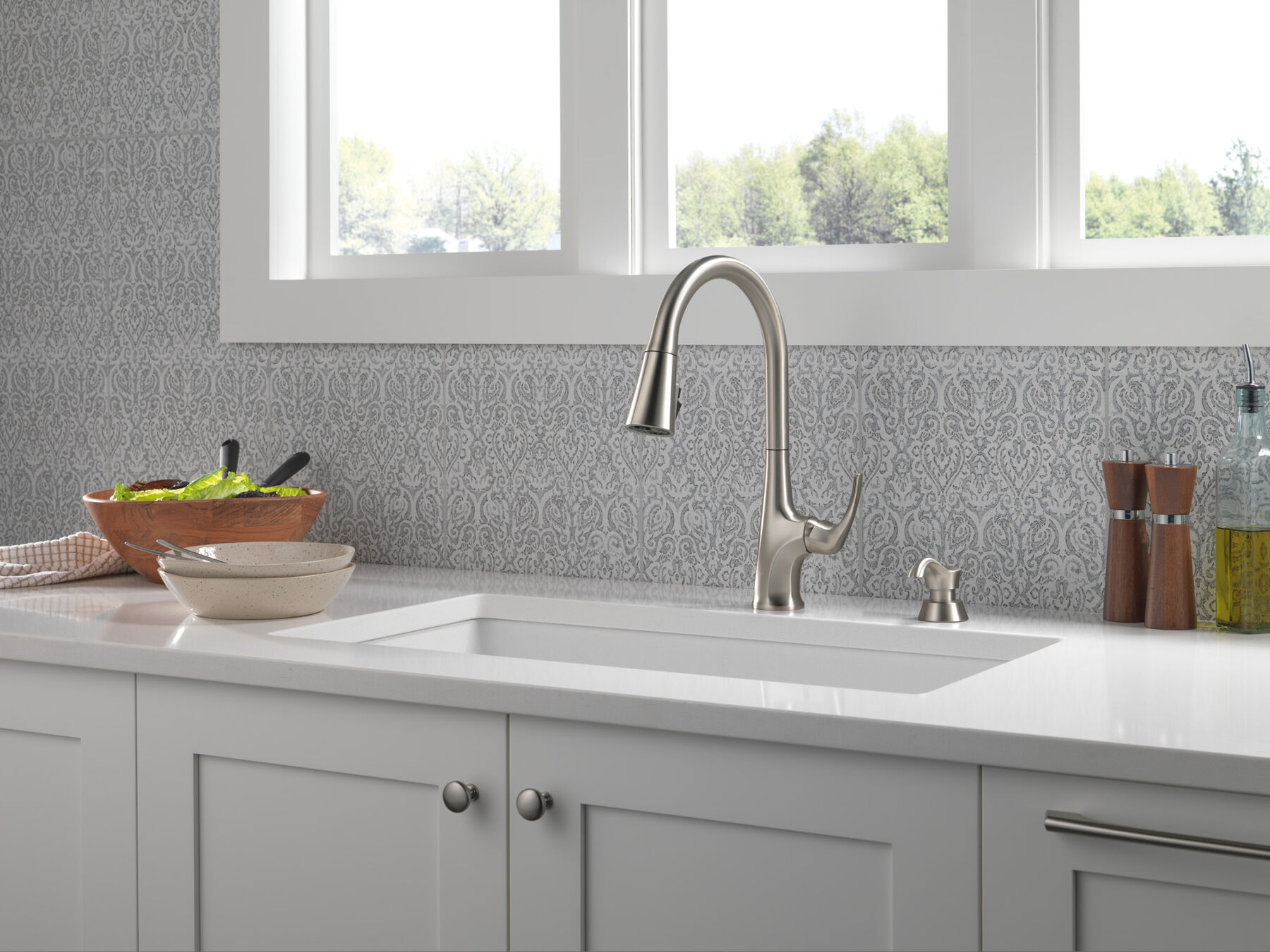 Single Handle Pull-Down Kitchen Faucet with Soap Dispenser and ShieldSpray Technology